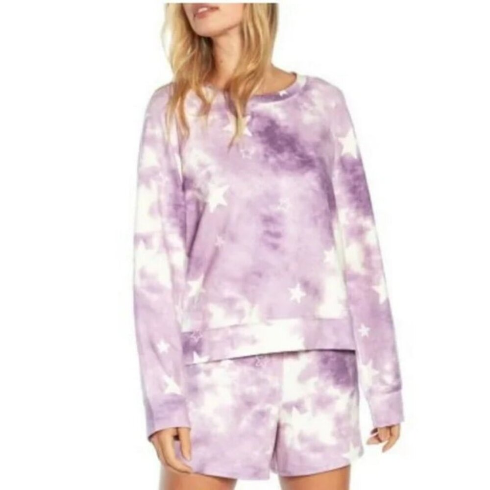 NWT Wildfox 2pc Lounge PJ Set Tie Dye Purple Stars Sweatshirt Shorts XL 18 20 - Picture 2 of 8